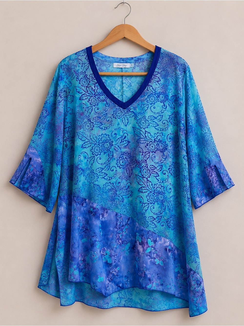 Blue Sky Fair Trade Tunic Top | Tag Small Fits Large | Blue Floral Batik Rayon